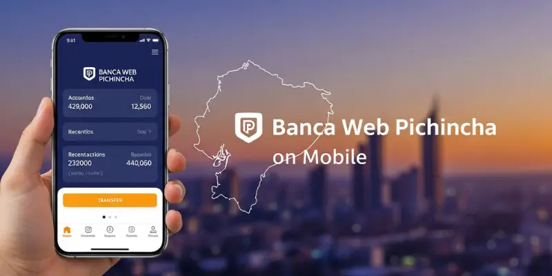 Banca Web Pichincha mobile app on a smartphone, showing account details with a city skyline background.