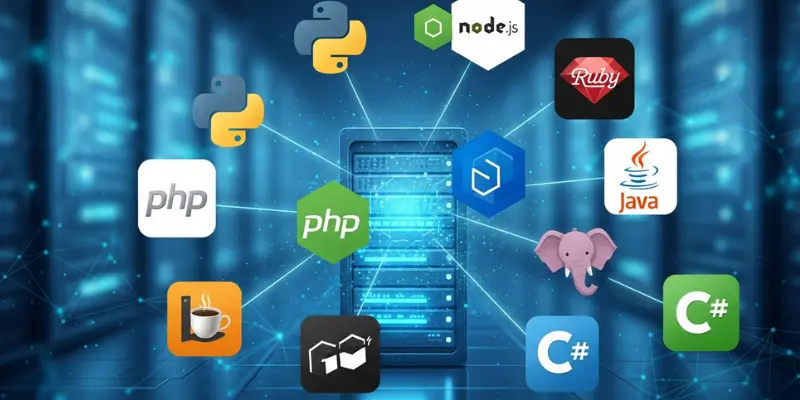 Backend programming languages connected to server including Python, Node.js, PHP, Java, Ruby, and C# for web development
