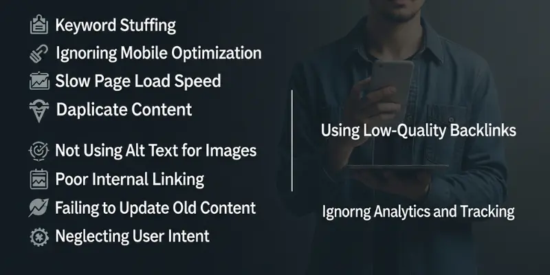 Common SEO mistakes that hurt web rankings, including keyword stuffing, slow page load, and using low-quality backlinks.