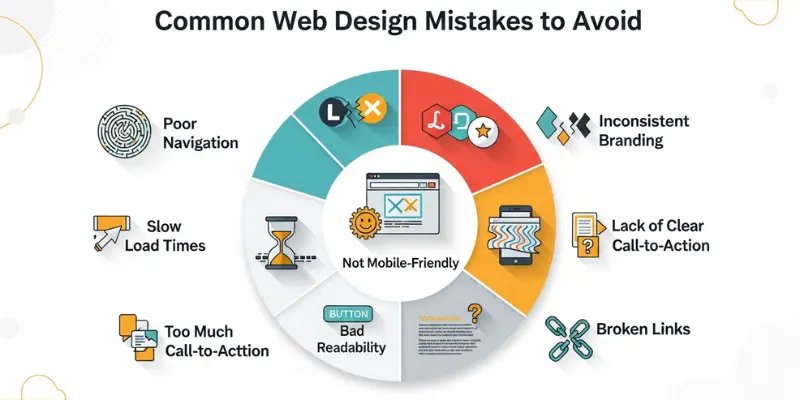 common web design mistakes to avoid, including poor navigation, slow load times, and not mobile-friendly design.
