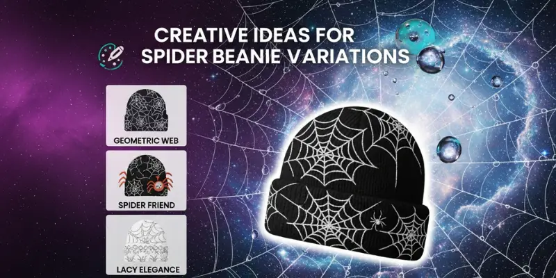 Creative spider web beanie variations featuring geometric patterns, spider embellishments, and lacy elegance designs.