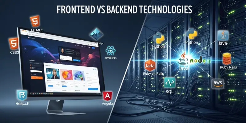 Frontend vs backend technologies comparison showing HTML, CSS, JavaScript, React, Angular on frontend and Python, Java, Node.js, Ruby on Rails, SQL on backend
