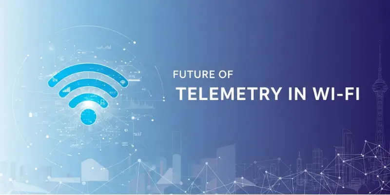 Future of telemetry in Wi-Fi showing a digital Wi-Fi signal icon with data analytics, automation, and smart network technology concept.