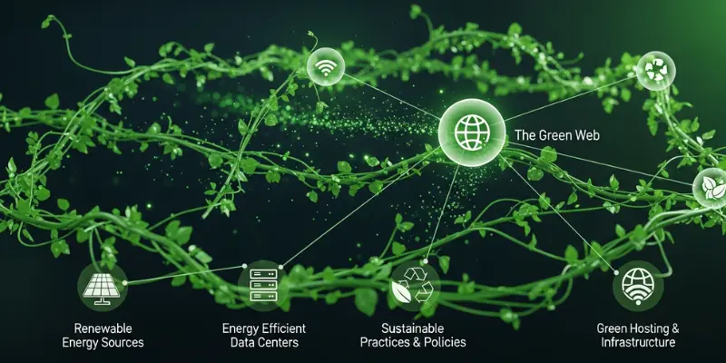 Green Web concept showing eco-friendly internet with renewable energy, sustainable hosting, and energy-efficient data centers connected by green vines.