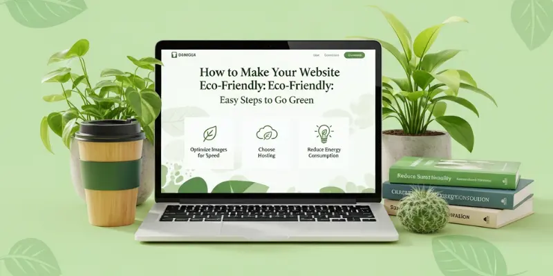 Eco-friendly website design shown on laptop with plants, green workspace, and tips for sustainable web optimization.