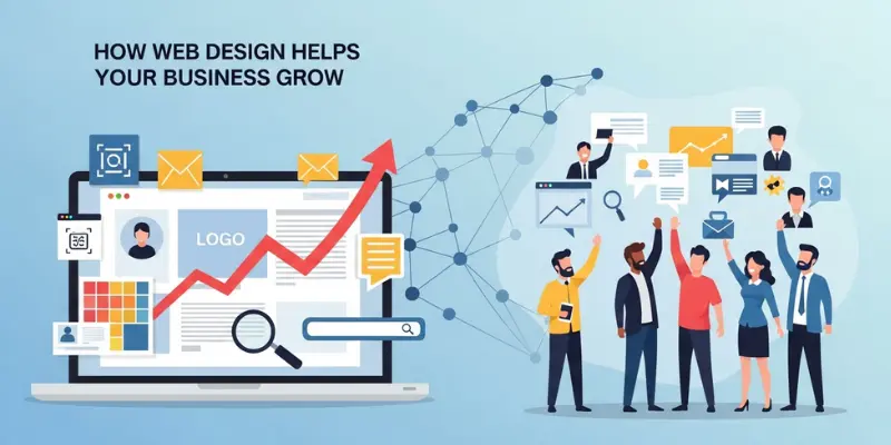how web design helps business growth, with a website mockup, upward chart, and marketing icons.