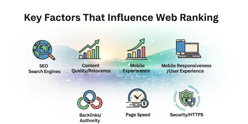 Key factors influencing web ranking, including SEO, content quality, mobile experience, backlinks, page speed, and security.