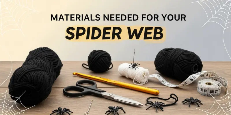 Materials for creating a spider web beanie, including black and white yarn, crochet hook, scissors, measuring tape, and spider embellishments.