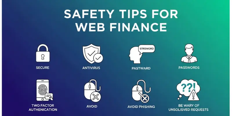 Web finance safety tips infographic showing secure passwords, antivirus protection, two-factor authentication, and phishing prevention