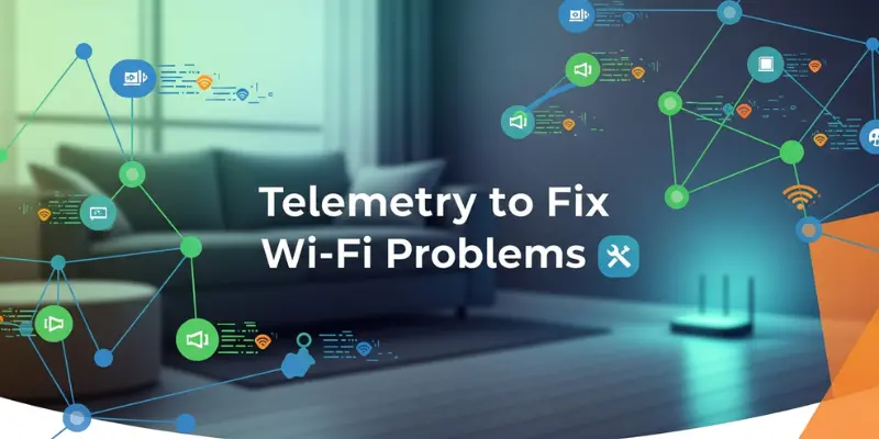 Telemetry used to fix Wi-Fi problems, showing a home router with connected devices, network data paths, and performance monitoring visuals.