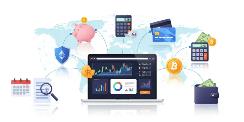 Web finance dashboard showing online banking, budgeting tools, cryptocurrency, and financial charts
