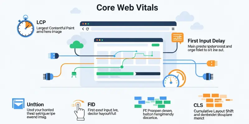 Core Web Vitals infographic explaining LCP, FID, and CLS metrics for website performance optimization