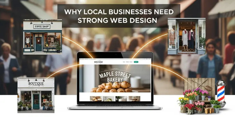 Graphic showing why local businesses need strong web design, with a laptop website and shop storefront examples.